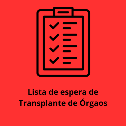 Imagem de fundo vermelho, com um desenho de uma lista, e uma escrita de Lista de espera de transplante de órgaos